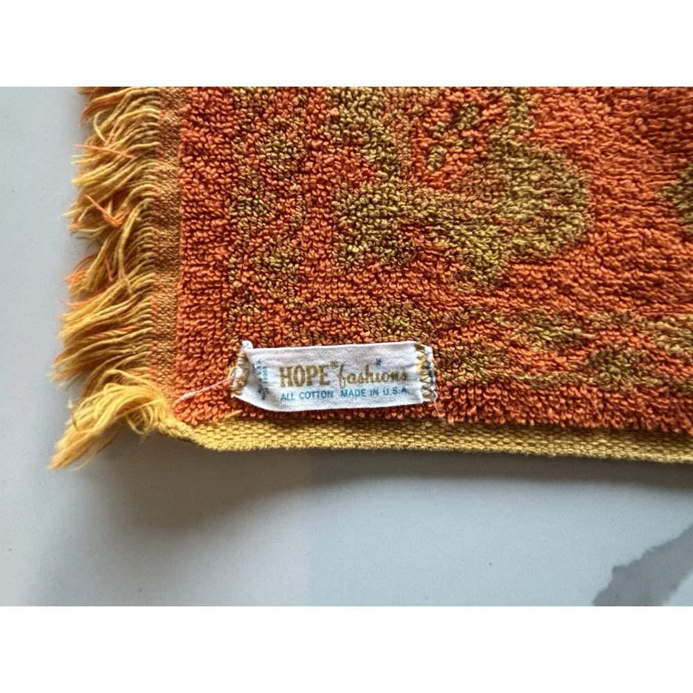 Vtg MCM 1960's Hope Fashions Hand Towel Orange Sculpted Design Fringe